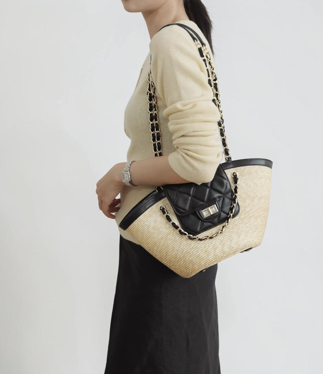 lv593 羊革HBチェーンカゴバッグ/ブラック/上質×きちんと見えする上品夏バッグ　ルビリア