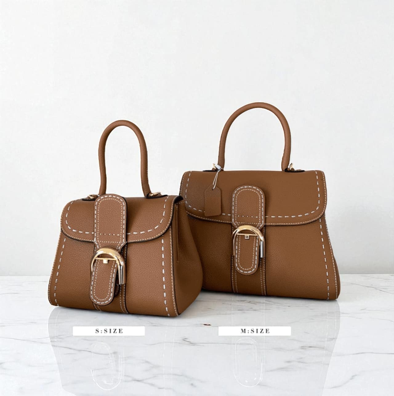 310 牛革TOP“H”ステッチバッグ Sサイズ&Mサイズ｜休日にもフォーマルにも映える上質レザー/BROWN