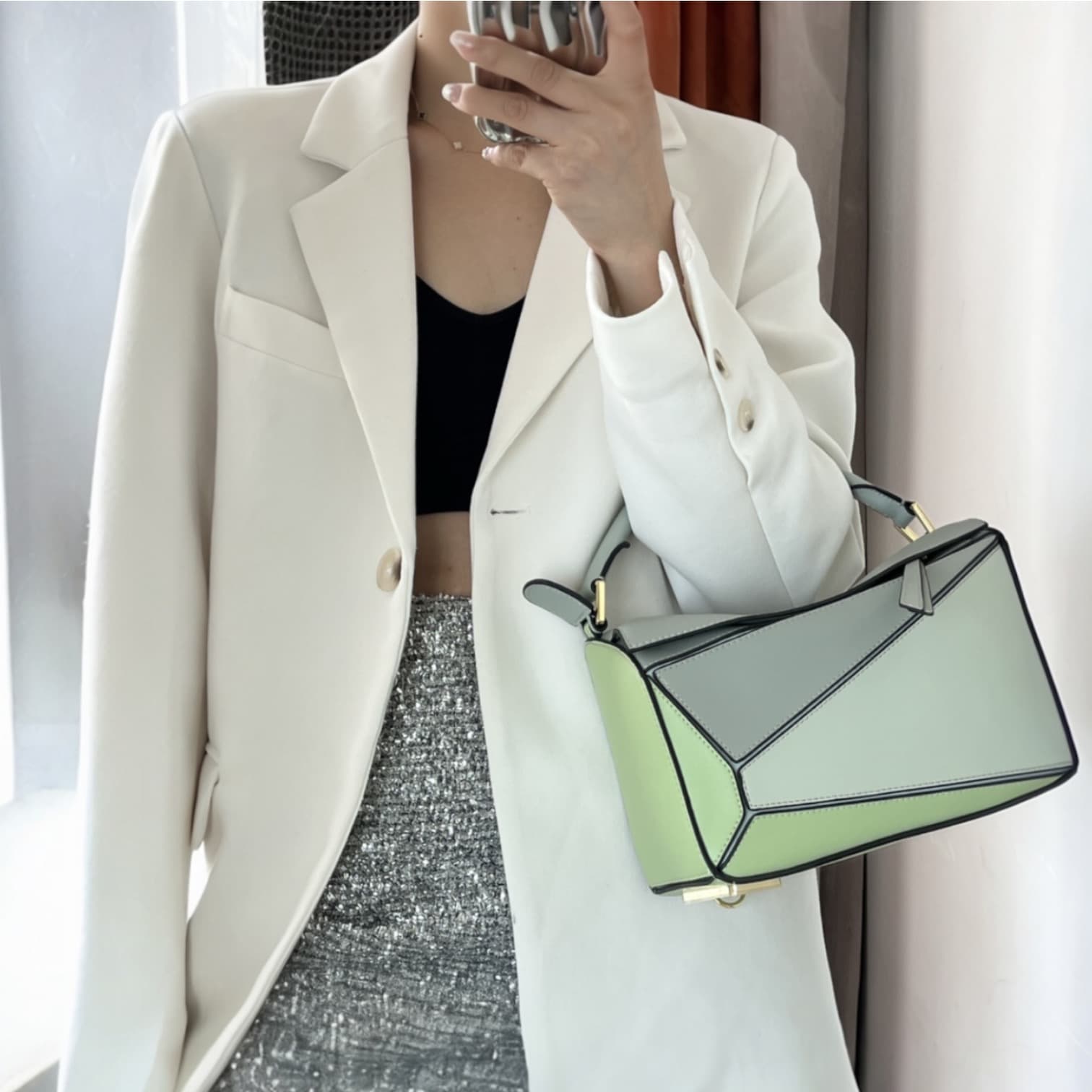 181 本革パズルバッグ ライトグリーン / 幾何学パズル風ステッチデザインで大人の余裕と遊び心を、ひとつのバッグに / ルビリア