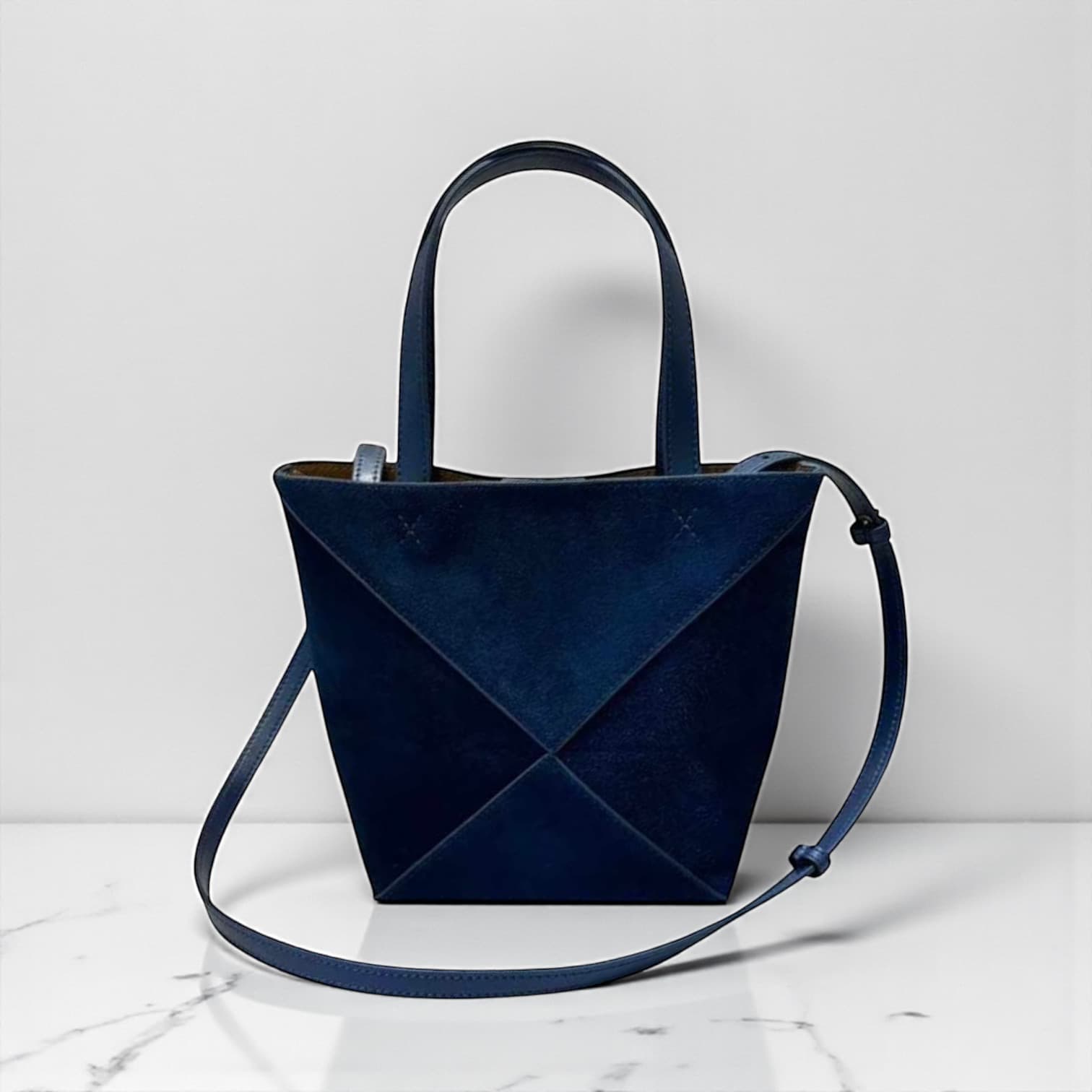 411 本革スウェードパズルバッグS ネイビー 軽量0.3kg 折りたたみ可能ミニトート　ルビリア