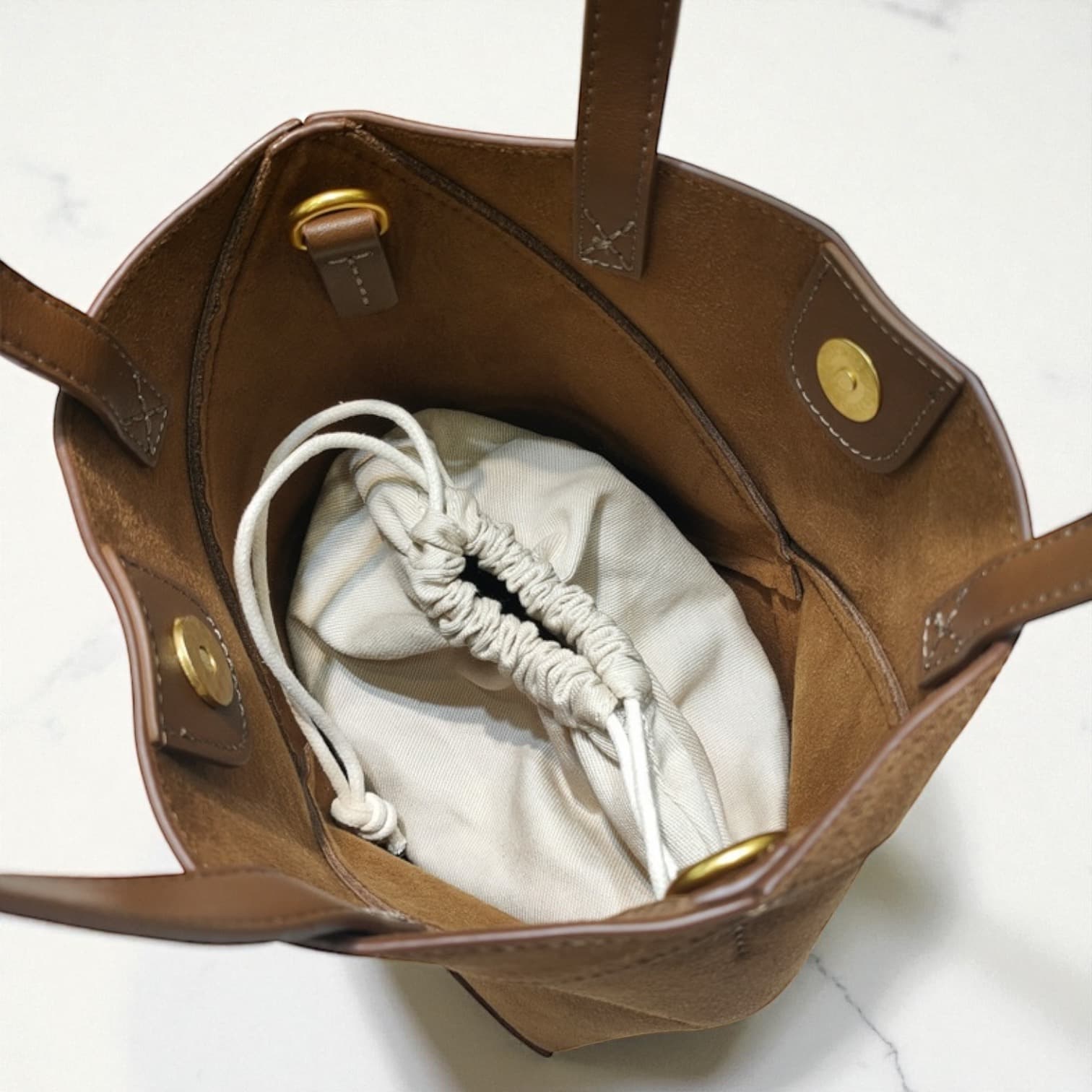 411 本革スウェードパズルバッグS ブラウン 軽量0.3kg 折りたたみ可能ミニトート　ルビリア