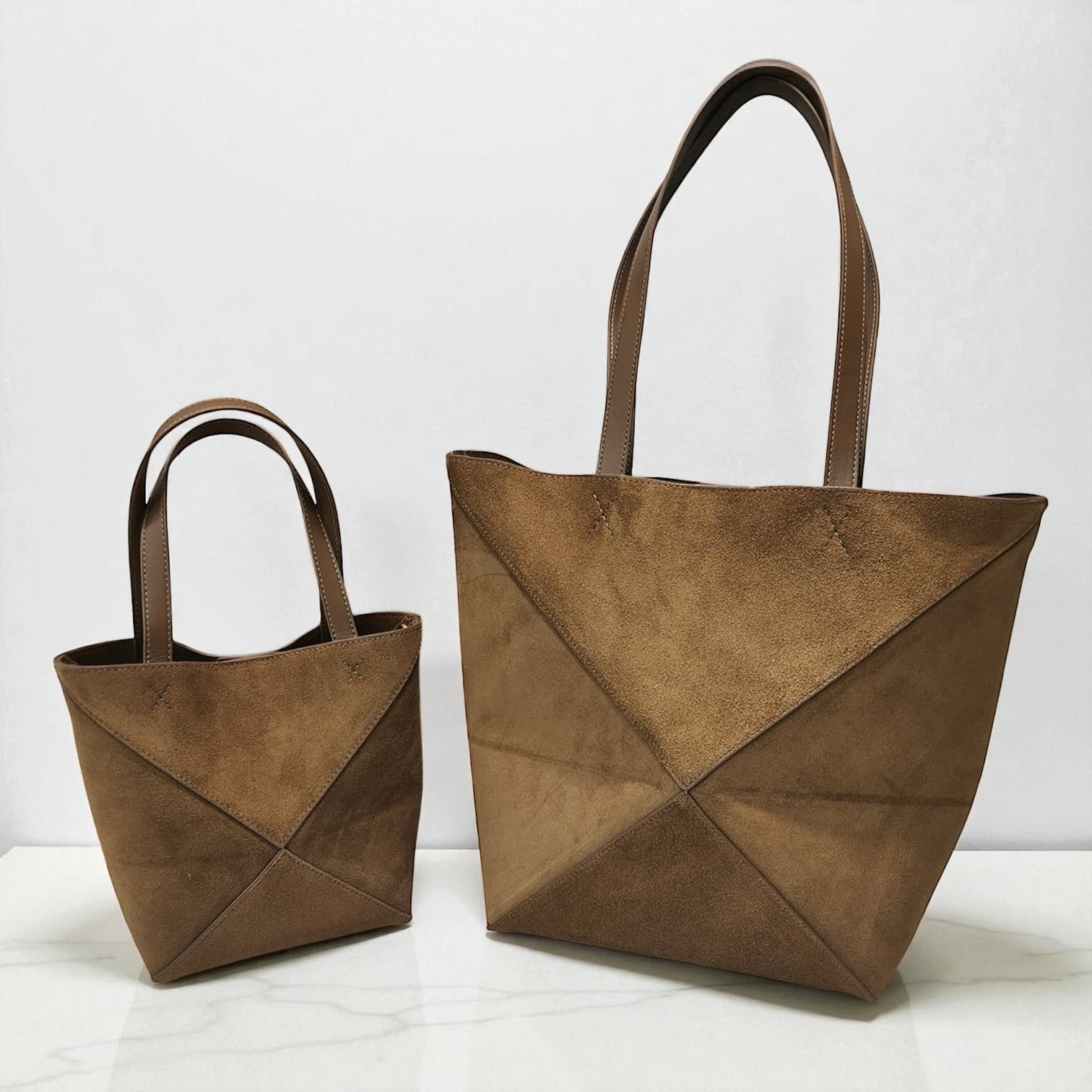 411 本革スウェードパズルバッグS ブラウン 軽量0.3kg 折りたたみ可能ミニトート　ルビリア