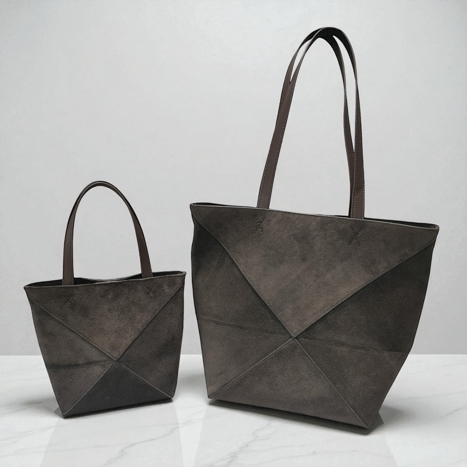 411 本革スウェードパズルバッグS ダークグレー 軽量0.3kg 折りたたみ可能ミニトート　ルビリア