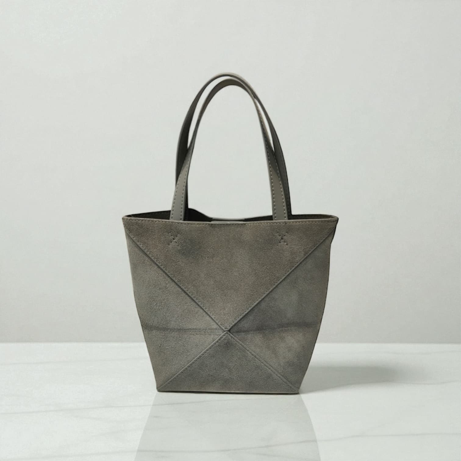 411 本革スウェードパズルバッグS グレー 軽量0.3kg 折りたたみ可能ミニトート　ルビリア