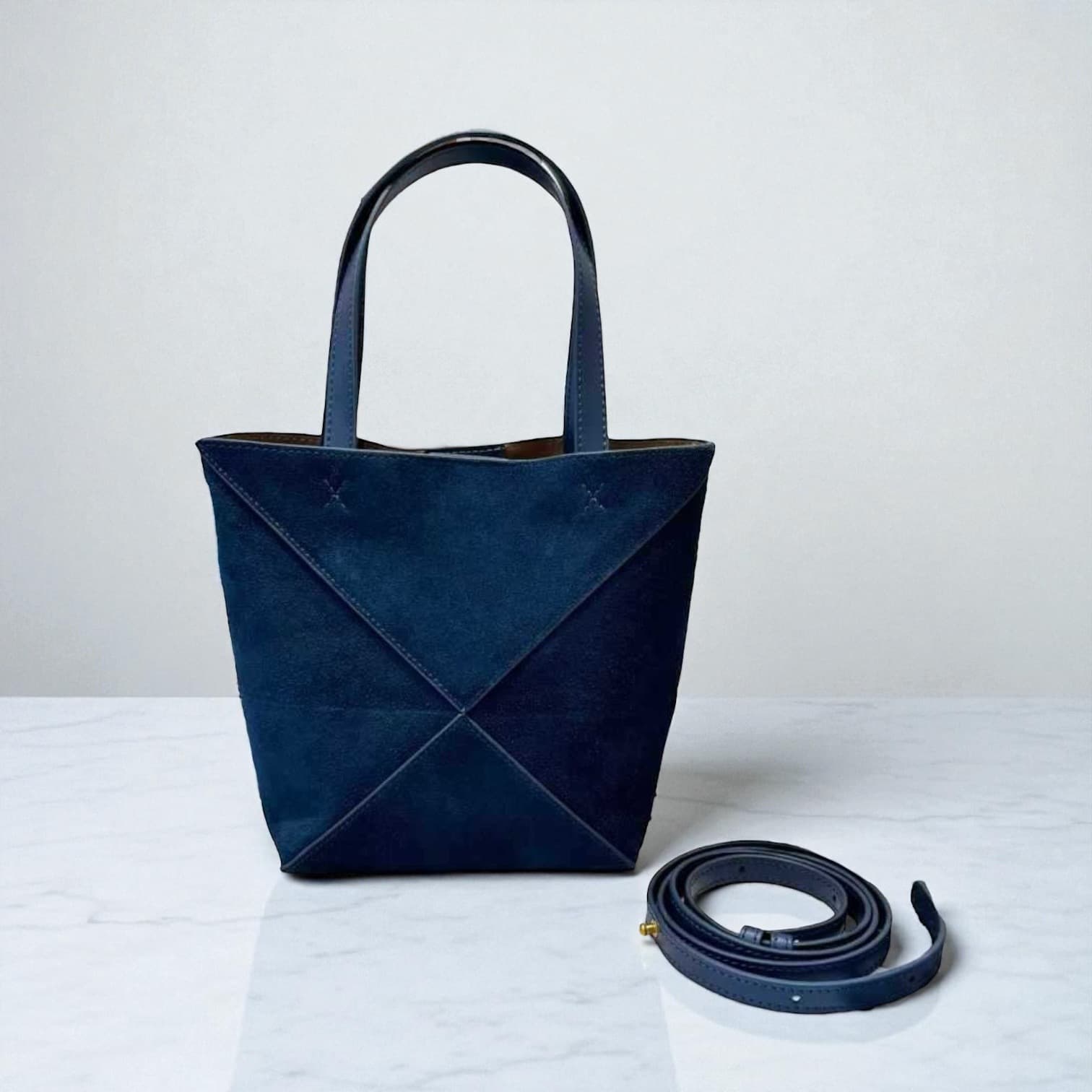 411 本革スウェードパズルバッグS ネイビー 軽量0.3kg 折りたたみ可能ミニトート　ルビリア