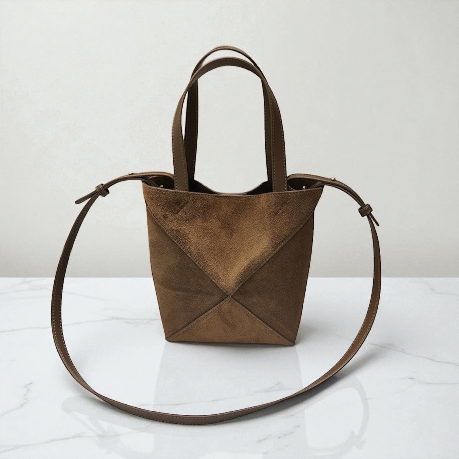 411 本革スウェードパズルバッグS ブラウン 軽量0.3kg 折りたたみ可能ミニトート　ルビリア