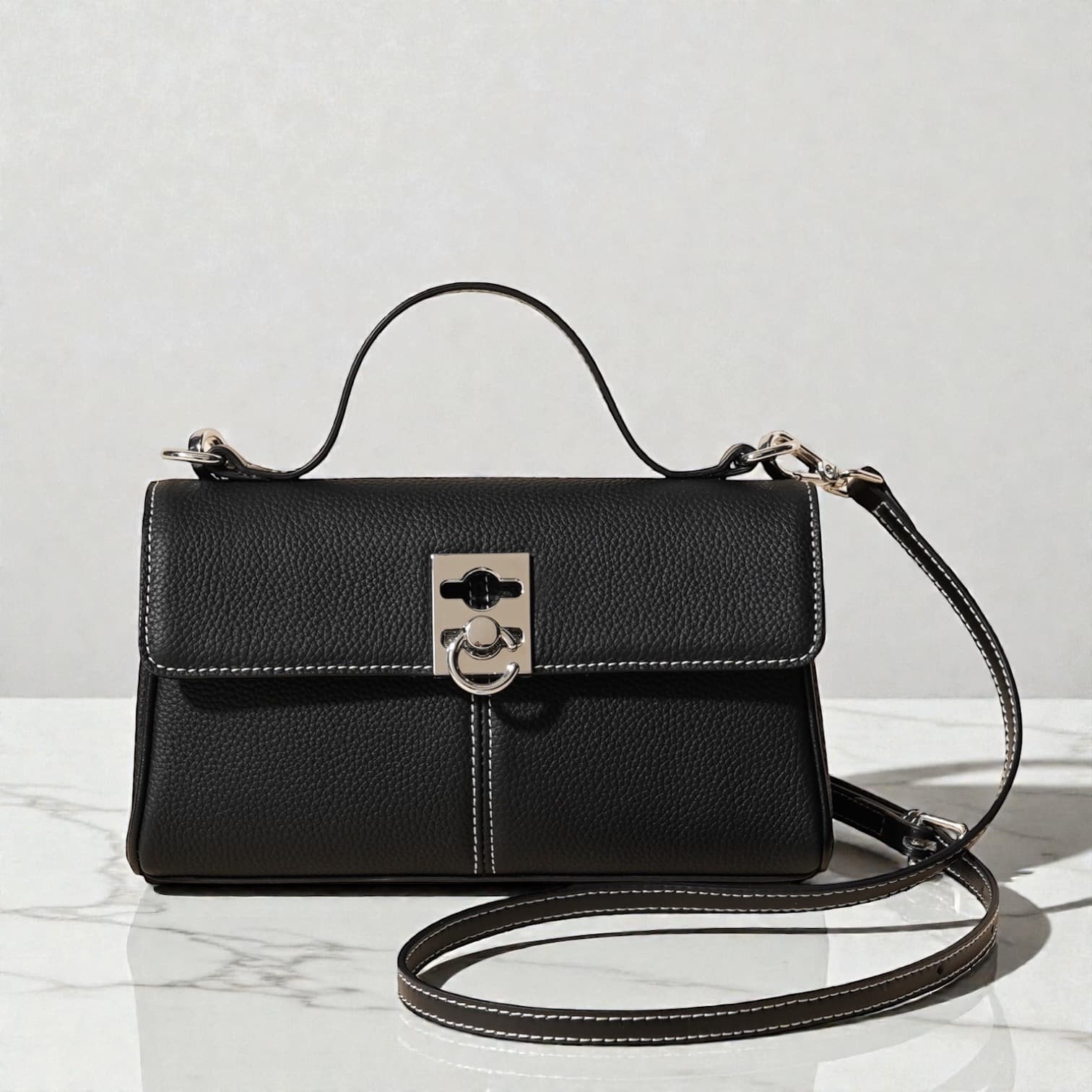 574 本革TOPハンドルフラップバッグ BLACK｜セレモニーにも使える上品2WAY ルビリア
