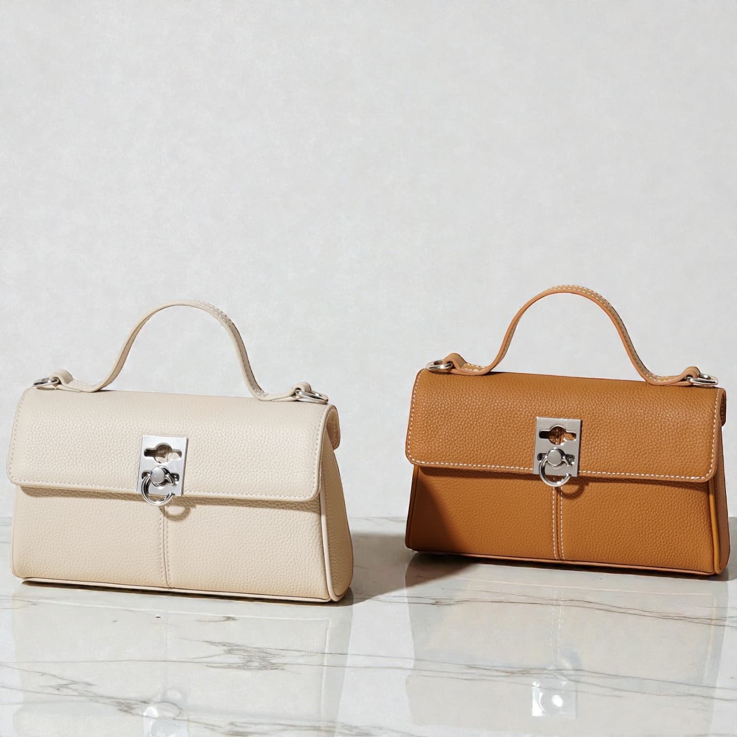 574 本革TOPハンドルフラップバッグ WHITE BROWN｜セレモニーにも使える上品2WAY ルビリア