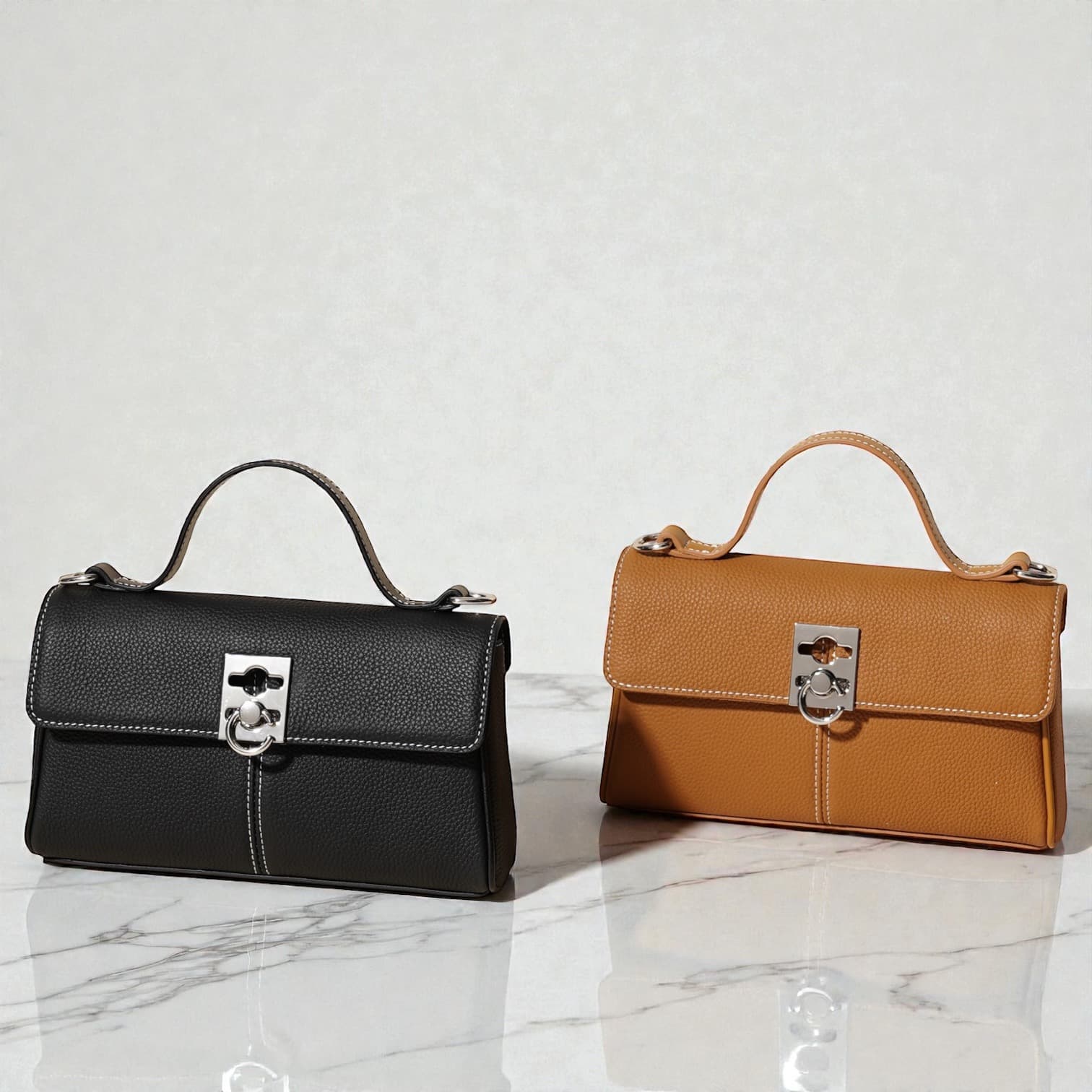 574 本革TOPハンドルフラップバッグ BLACK BROWN｜セレモニーにも使える上品2WAY ルビリア