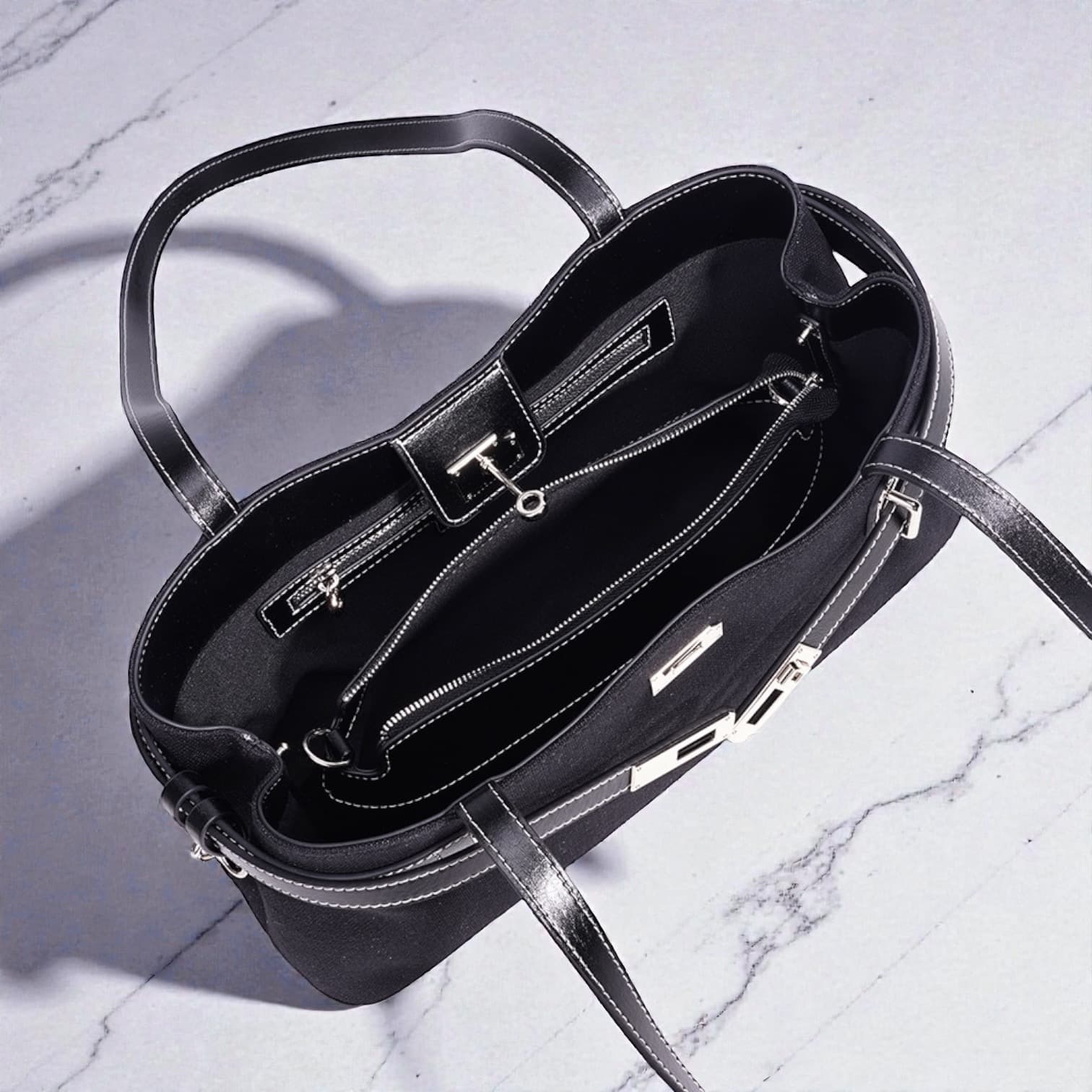 567 HB本革ハンドルFBバッグ BLACK｜キャンバス×牛革で上品にきちんと見え　ルビリア