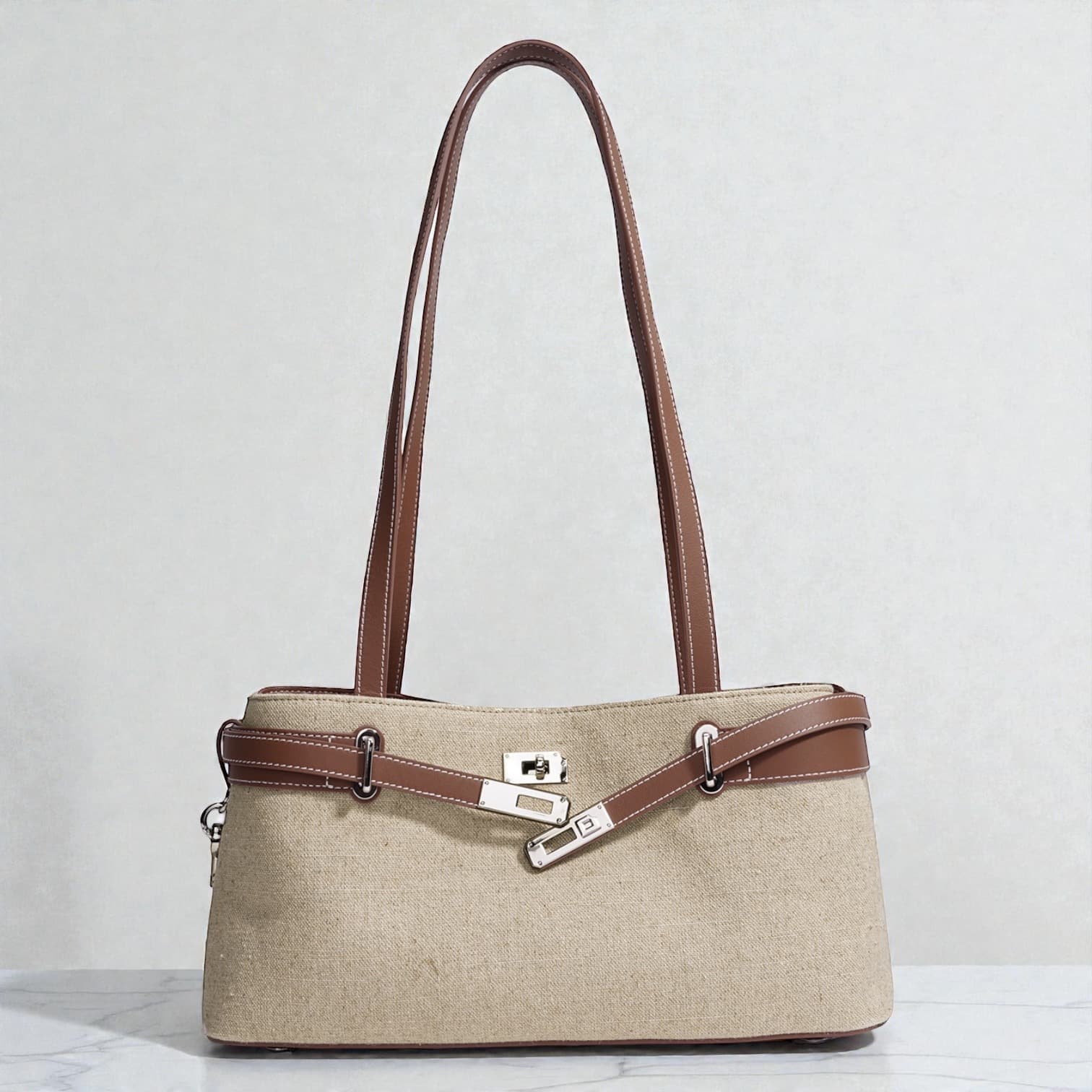 567 HB本革ハンドルFBバッグ  IVORY｜キャンバス×牛革で上品にきちんと見え　ルビリア