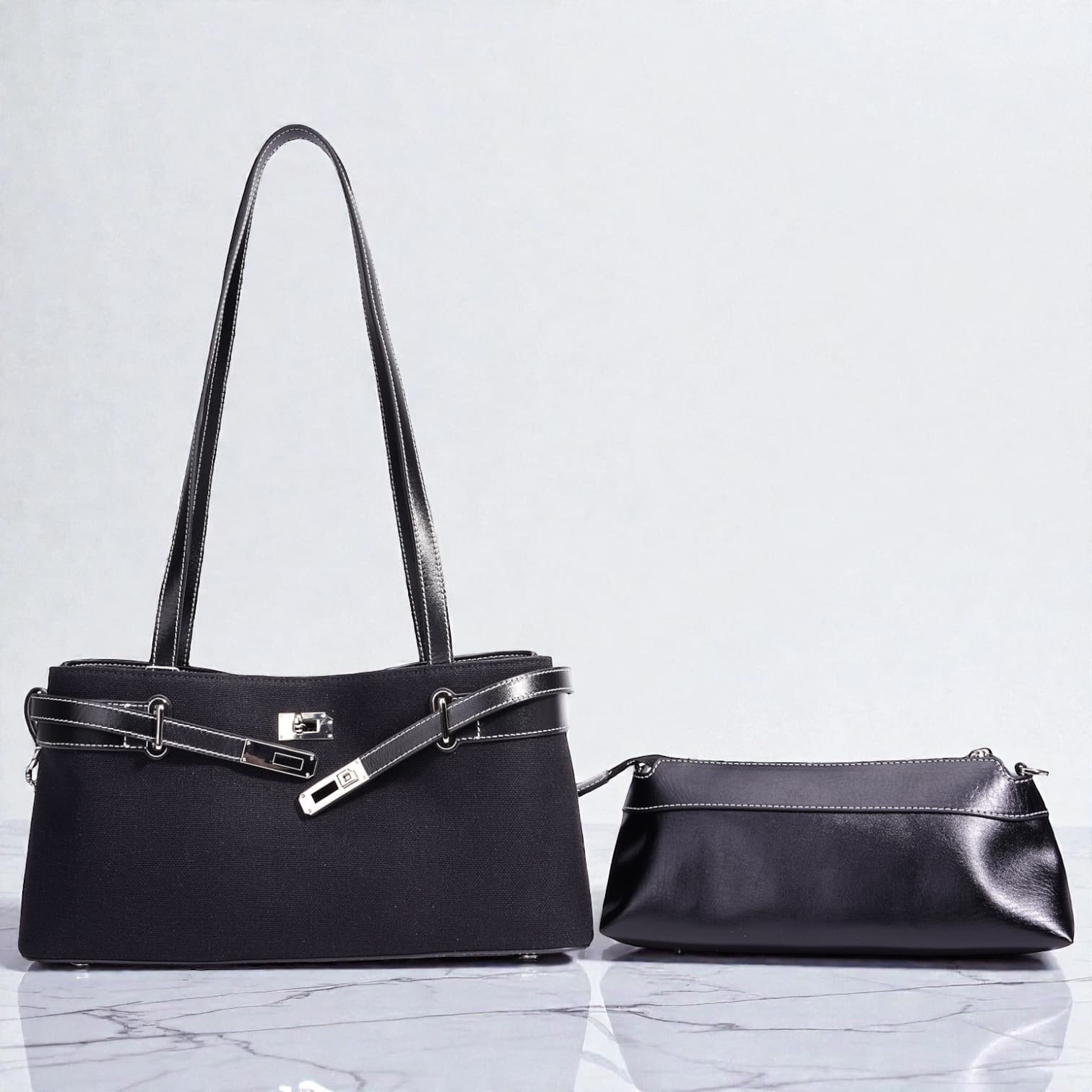567 HB本革ハンドルFBバッグ BLACK｜キャンバス×牛革で上品にきちんと見え　ルビリア