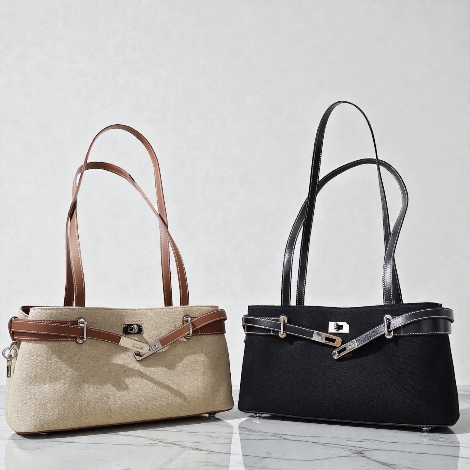 567 HB本革ハンドルFBバッグ IVORY BLACK｜キャンバス×牛革で上品にきちんと見え　ルビリア