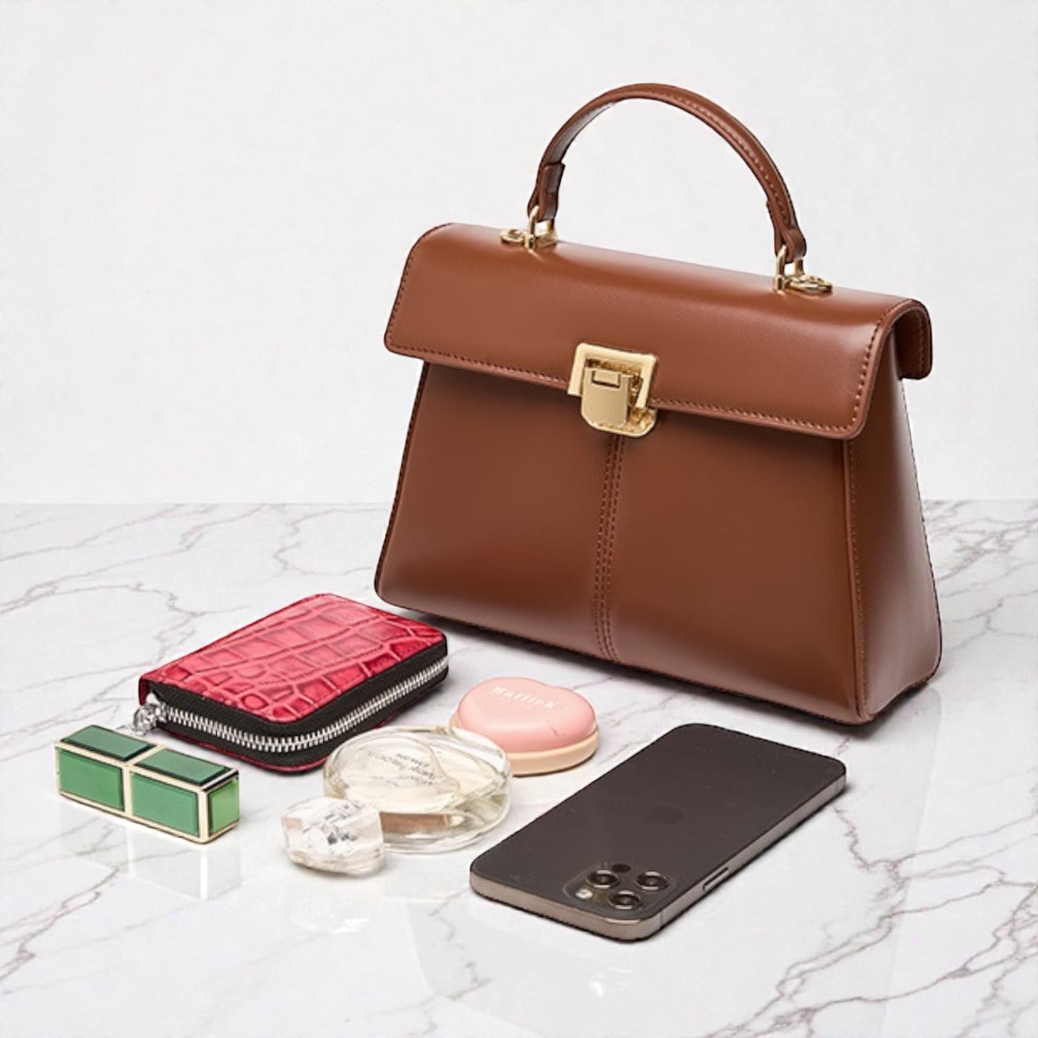 575 牛革クラシカルフラップバッグ BROWN｜セレモニーにも映える艶本革フラップ　ルビリア