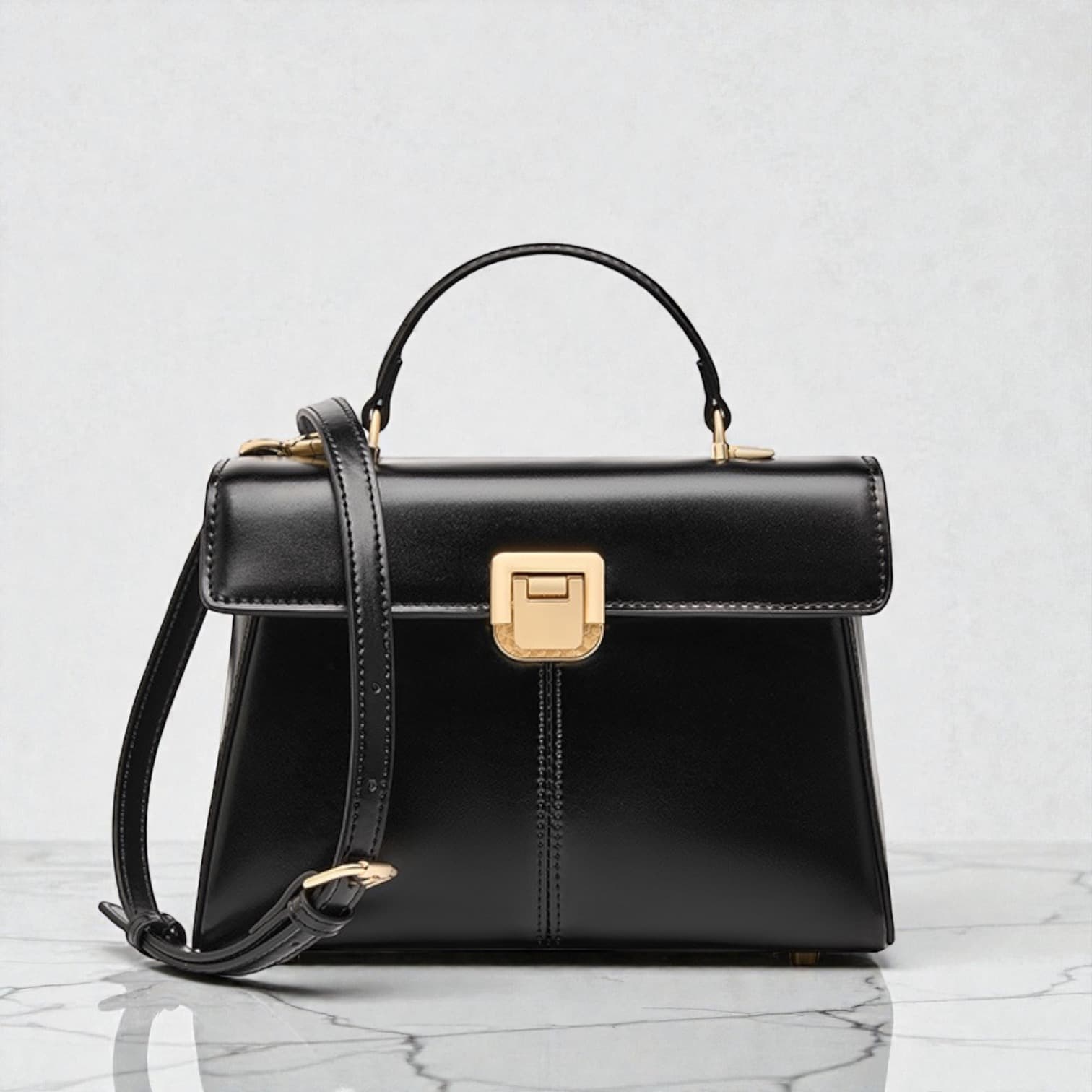 575 牛革クラシカルフラップバッグ BLACK｜セレモニーにも映える艶本革フラップ　ルビリア