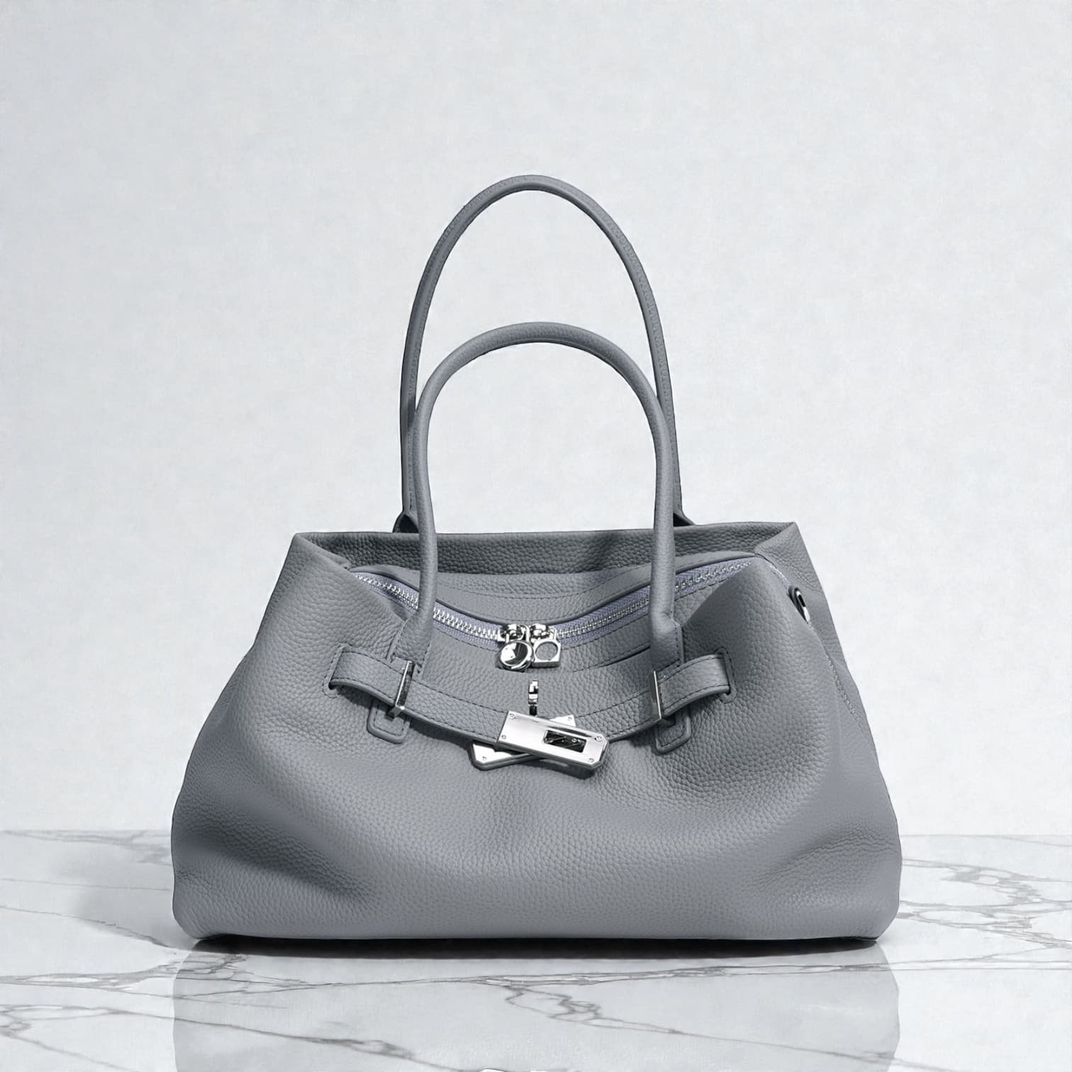 584 本革FBストラクチャードバッグ　グレー｜大開口ファスナーで出し入れ快適　ルビリア