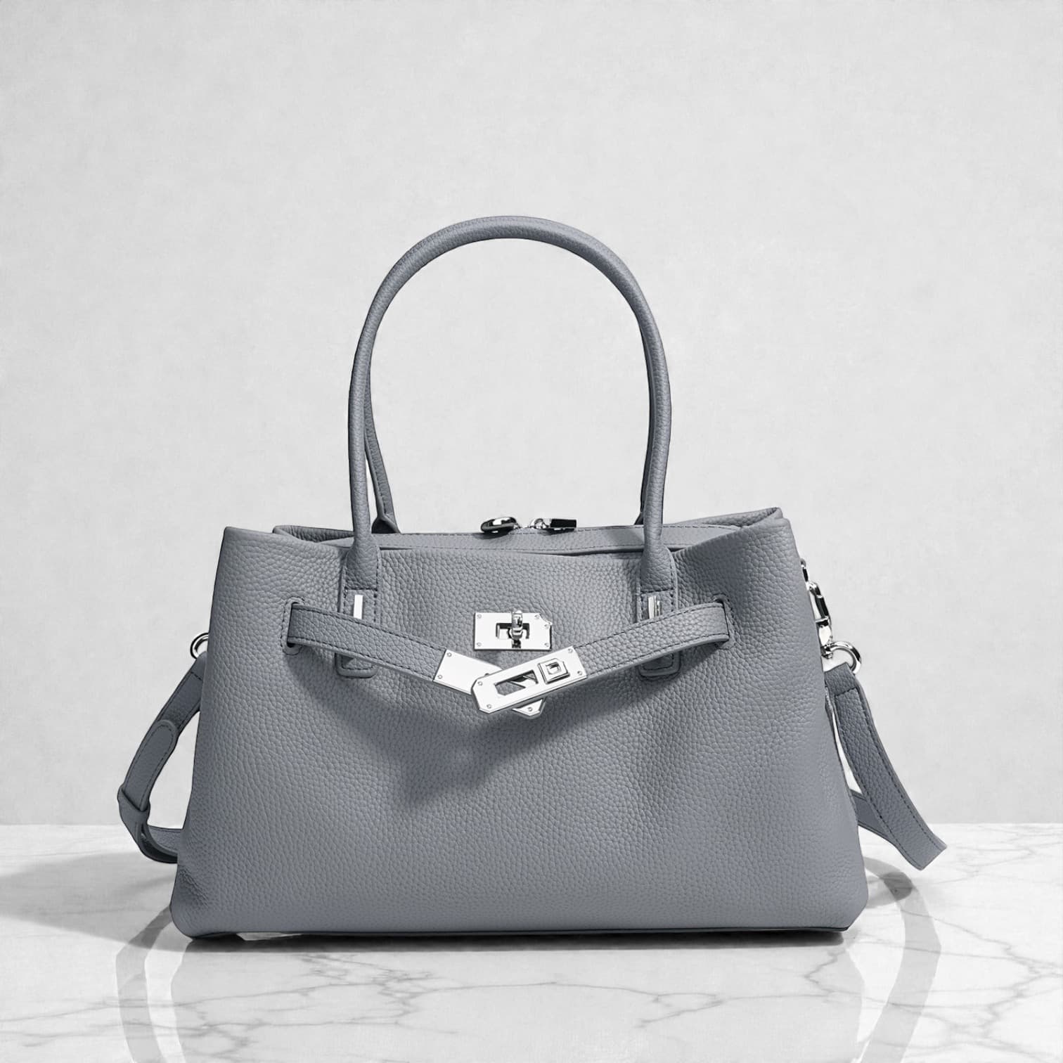 584 本革FBストラクチャードバッグ　グレー｜大開口ファスナーで出し入れ快適　ルビリア