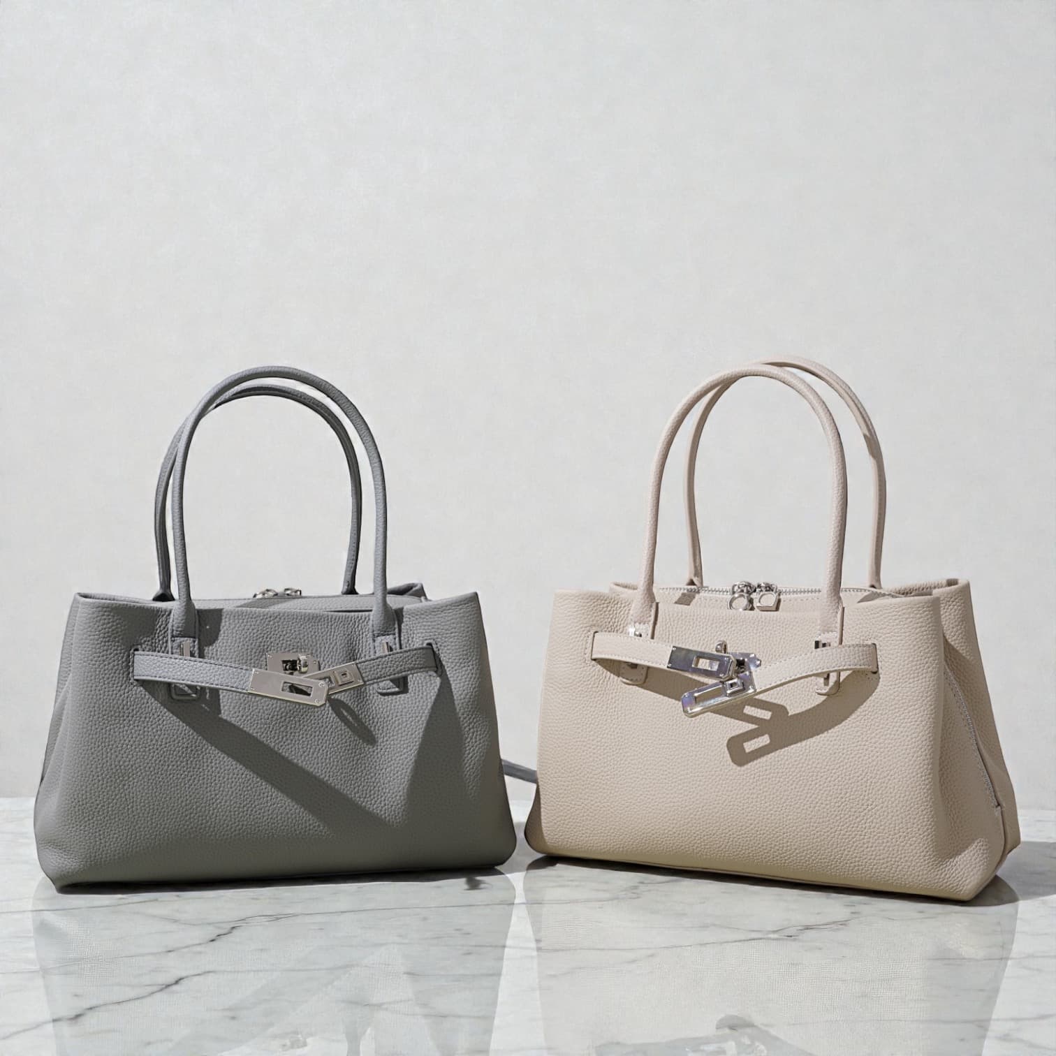 584 本革FBストラクチャードバッグ　グレー・ホワイト｜大開口ファスナーで出し入れ快適　ルビリア