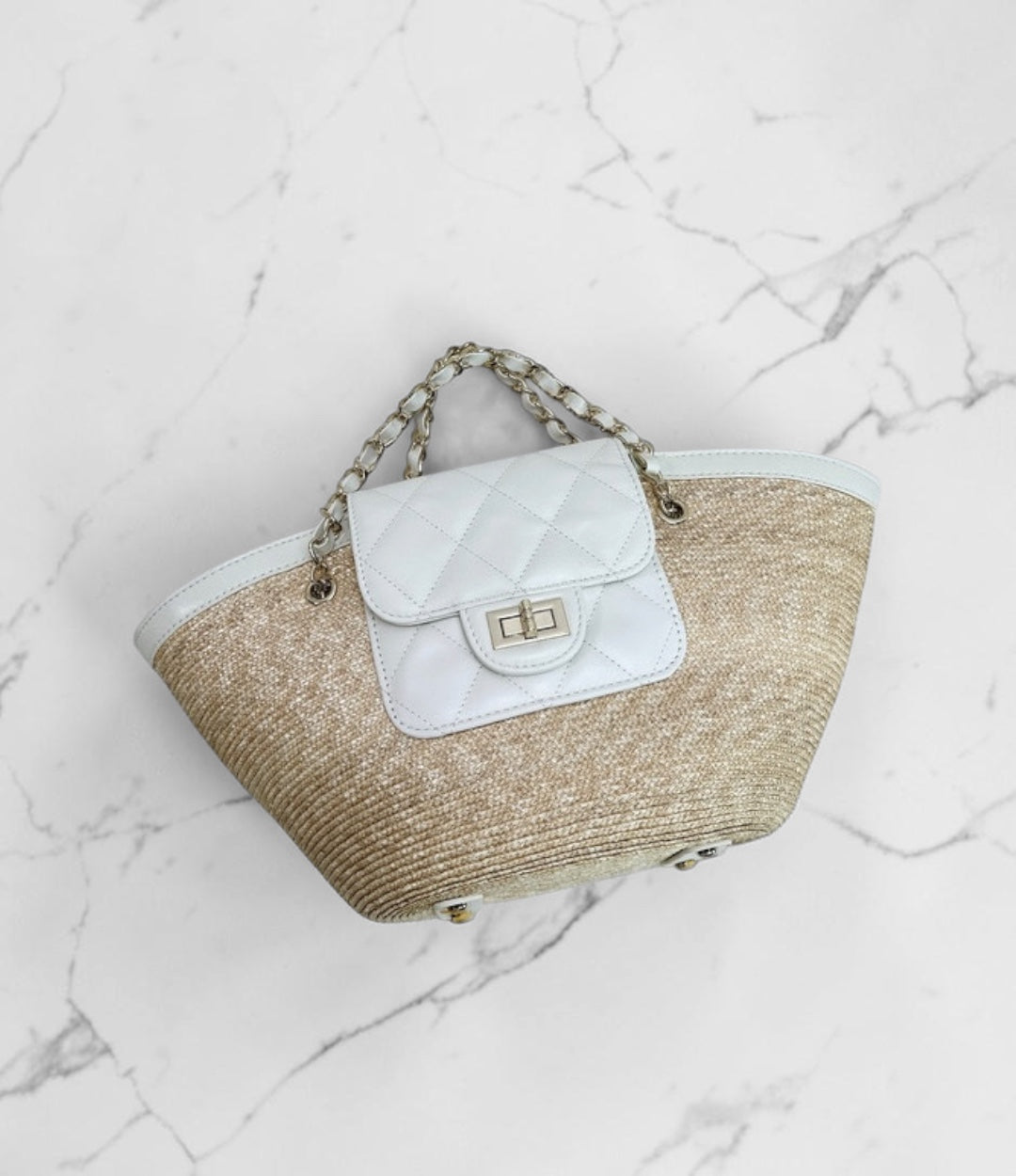 lv593 羊革HBチェーンカゴバッグ/ホワイト/上質×きちんと見えする上品夏バッグ　ルビリア