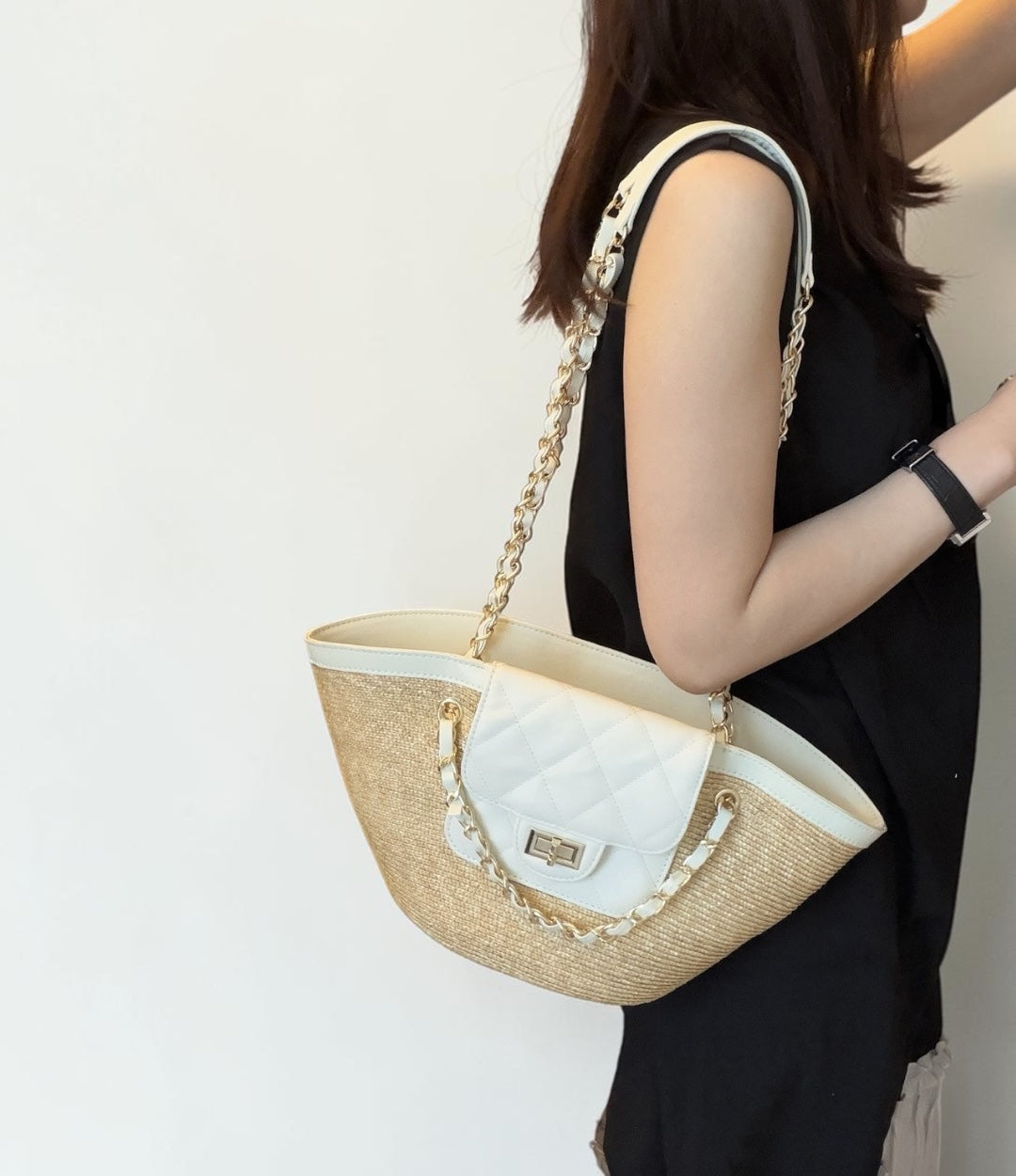 lv593 羊革HBチェーンカゴバッグ/ホワイト/上質×きちんと見えする上品夏バッグ　ルビリア