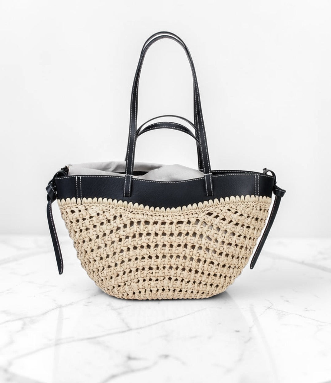 595本革HB切り替えカゴバッグ ブラック 上品な牛革コンビが映える大人のカゴバッグ　ルビリア