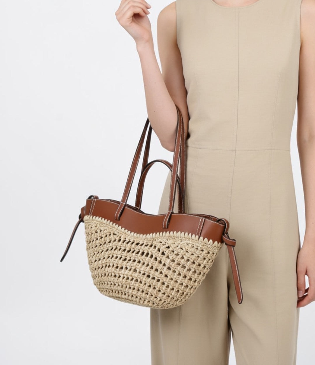 595本革HB切り替えカゴバッグ ブラウン 上品な牛革コンビが映える大人のカゴバッグ　ルビリア