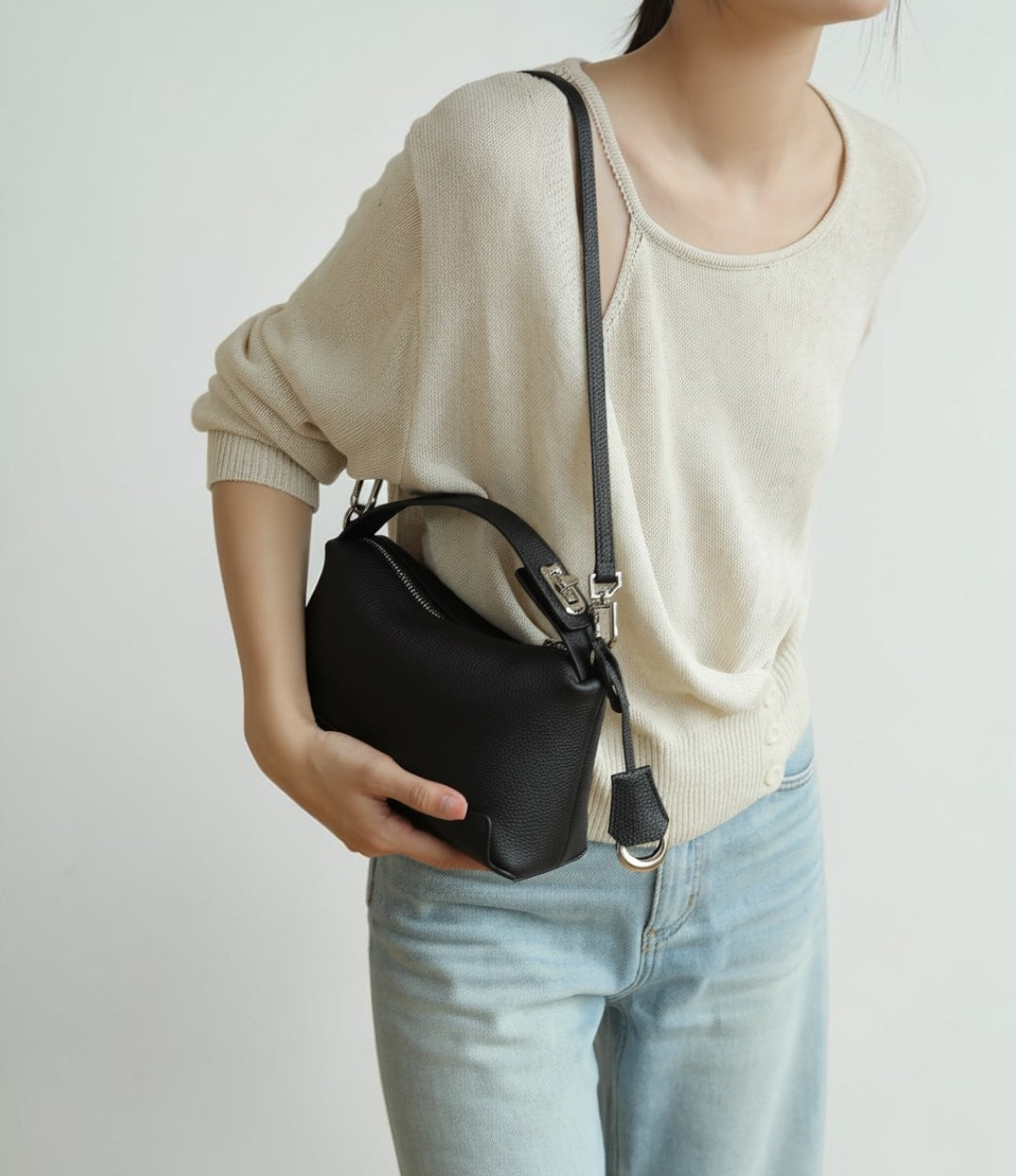 本革ナチュラルクリーブバッグ / BLACK ブラック | 2種類のショルダー付きで使い分けできる上品バッグ | LUVILIA ルビリア