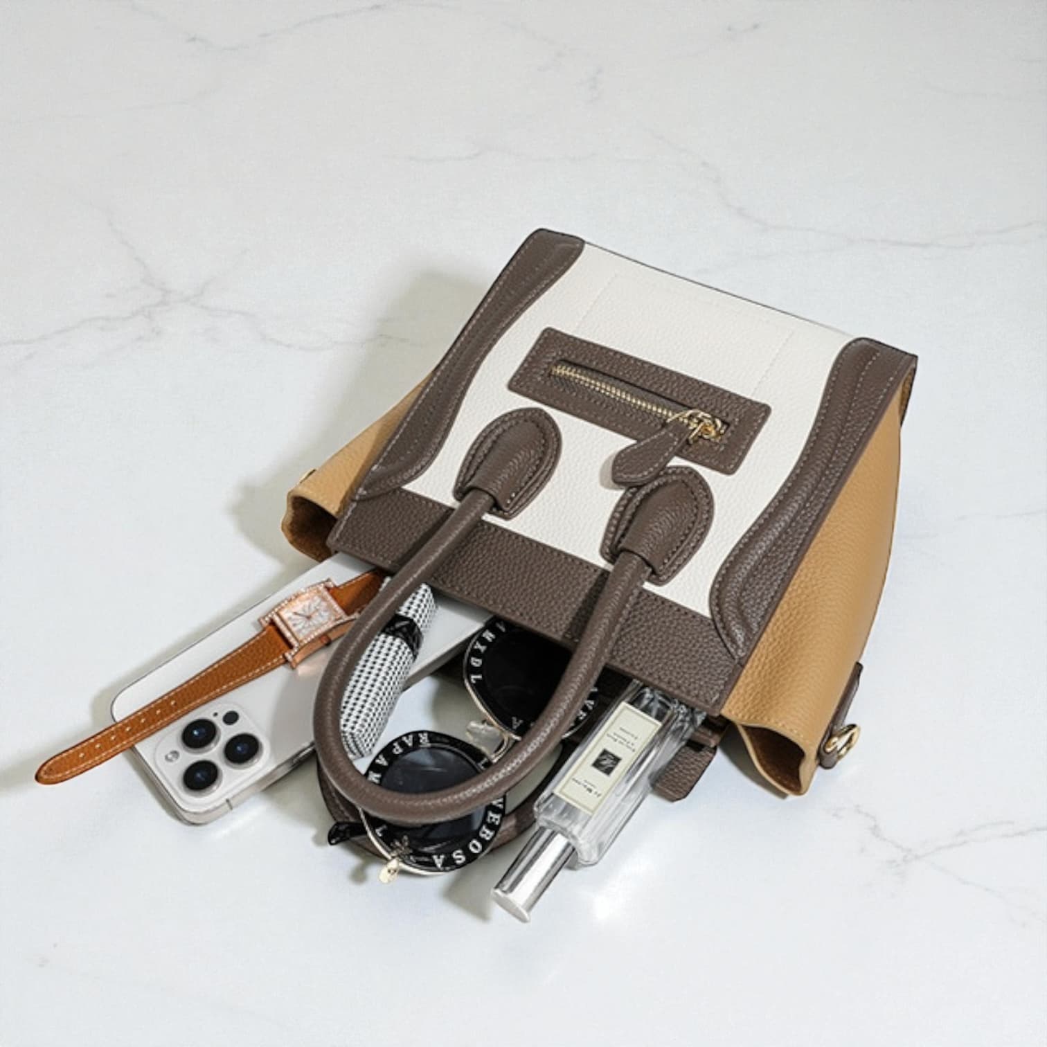 064 本革RGバッグ ホワイト×ブラウン / フォーマルにも合う本革ラゲージバッグ　ルビリア