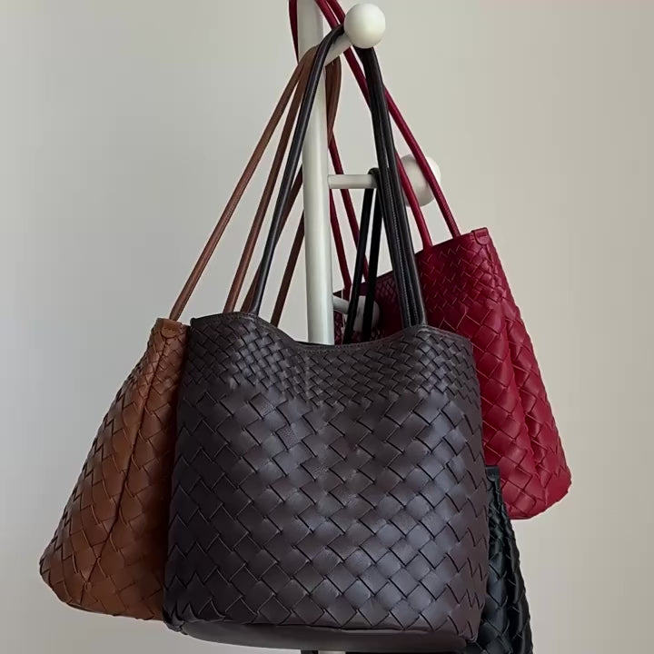 506 羊革編み込みICトートバッグ ブラック　モカ　ブラウン　レッド｜本革の上品な艶感と収納力  ルビリア