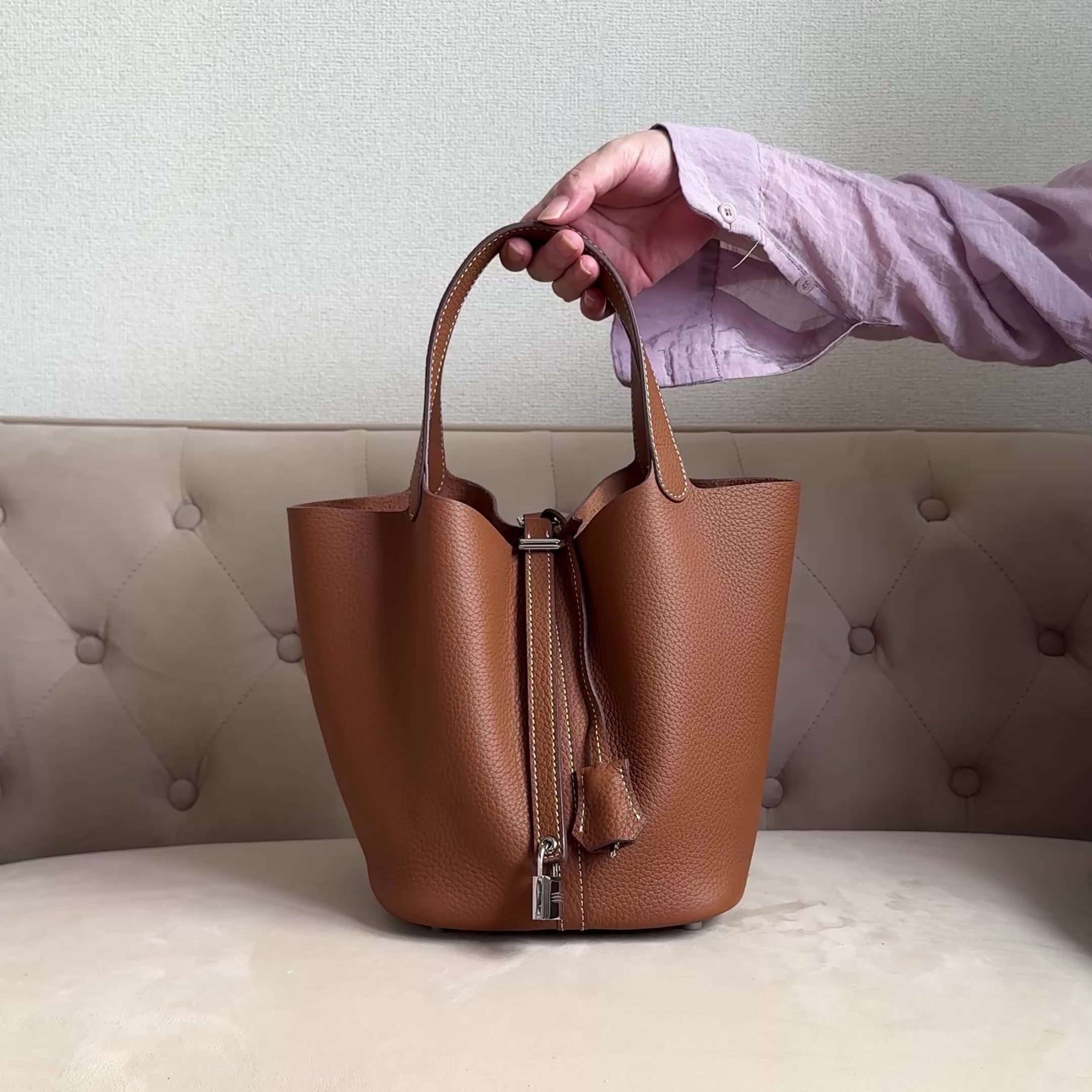 101 本革ピコタンバッグ Mサイズ ブラウン 巾着ポーチ付き　ルビリア